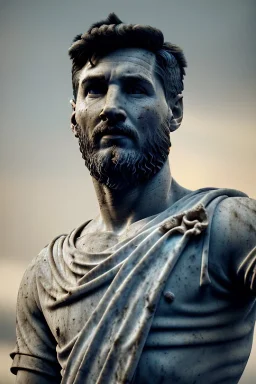 Ultra Realistic image, roman sculpture, Calacatta marble material, Lionel Messi, gold Laurel wreath, Renaissance style, miguel angel David style, chisel style, emperor, waist up portrait, epic, celestial, cinematic lighting, God light, god rays, 4k resolution, smooth details, ornate details, unreal engine 5, blue background.