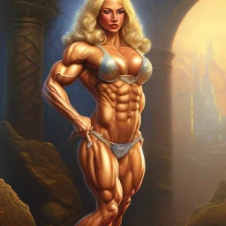 blonde female bodybuilder, castle fortress by thomas kinkade gerald brom whelan