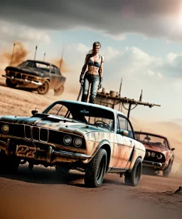 Realistic image. Mad max car. BMW 4 series, 2023 . woman in the foreground. 4k resolution, intricate details, ornate details, soft lighting, vibrant colors, mad max background