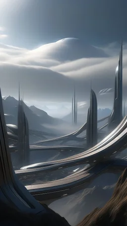 sci fi planet, zaha hadid city, mountains