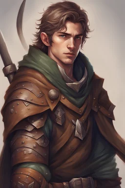 human, male, dnd, rpg, druid, scimitar, wooden shield, portrait, young, leather armor, cloak