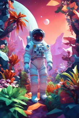 (((close midshot))), (((low poly art:2))), (astronaut), ultra detailed illustration of an environment on a dangerous:1.2 exotic planet with plants and wild (animals:1.5), (vast open world), astroneer inspired, highest quality, no lines, no outlines candid photography. by Lekrot