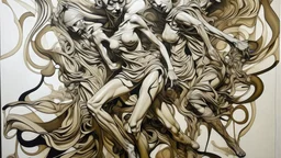 Artwork, canvas surreal amalgamation of people's bodies, dynamic dance flow, drawing masterpiece, boondocks, American chola dream model, pin-up, isolated white cube Creole space, slate beige gray, ink, surprise reflections, SFMOMA brutalism