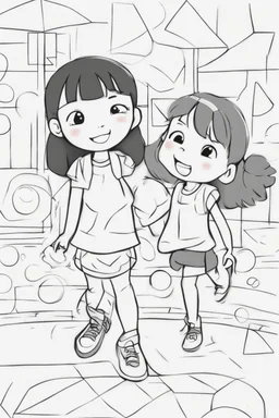 Little girls playing in a playground with a mix of different shapes like circles, squares, and triangles.,very happy , Colloring page for todlliers ; basic hawali style cartoon , black and white , ink outlines , , smooth , anime style , minimalist , cute eyes , full body , white shose , sketchbook , realistic sketch , free lines , on paper , character sheet , clean line art high detailed