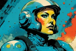 create an imaginative amorphous female extraterrestrial cybernetic rogue trooper with finely detailed facial features, military cut hair, witnessing the destruction of Earth , in the comic book art style of Bill Sienkiewicz, Mike Mignola, and Jean Giraud Moebius, finely textured, drawn, colored, and inked