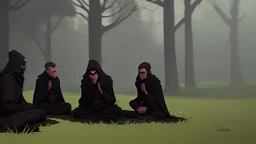 Black robed monks sitting around a fire in the forest