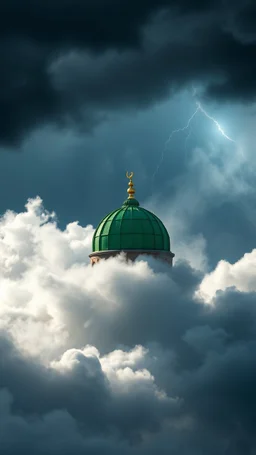 The majestic green dome of Masjid al-Nabi, hovering above swirling clouds, emerges from the heart of a raging storm. Turbulent winds of steam swirl around the iconic structure, lit by shafts of sunlight that cast dramatic shadows on the surrounding clouds. A storm rages and thunder lights up the dark sky, yet the mosque remains calm and quiet, its green dome a beacon of peace in the midst of chaos.