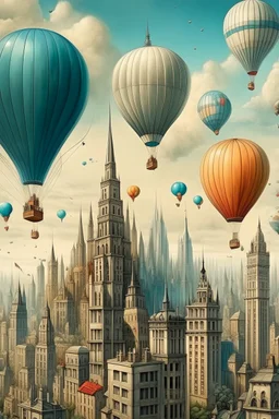 big city with riding balloons in the sky , Bosch painting style