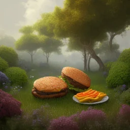 pixar style, volumetric summer garden environment and background, realistic painting of steak burger, looking excited, volumetric lighting, dramatic lighting, detailed digital painting, extreme dense and fine fur, anime, ornate, colour-washed colors, elegant, small minutiae, tiny features, particulars, centered, smooth, sharp focus, renderman gofur render, 8k, uhd, detailed eyes, realistic shaded volumetric lighting, sunlight caustics, backlight, centered camera view