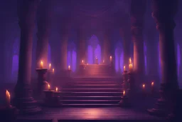 Artstation,concept art, Temple with candles and objects, deep and pleasant atmosphere, purple and indigo colors