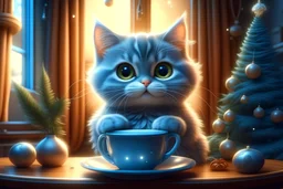 cute cat, fluffy, cheerful, large head, expressive eyes, smiling, cartoonishly, near a decorated Christmas tree, new year, warm colors, hyperrealism, warm knitted suit of warm blue color, cup full of fragrant coffee, near the window, morning, winter, cozy living room, H.R.Giger