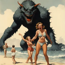 [art by Norman Rockwell] scared Woman in bikini swimsuit grabbed by a scary monster at the beach, vintage photo