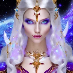 cosmic mage, elf, female, battle mage, epic, cosmic magic, long ears, white hair, face details, pale skin, jewellery, broad shoulders, sharp ears, cosmic clothes, cosmic eyes, ears shown, light out of eyes, the cosmos in eyes, stars in eyes, shining eyes, non human face, thin face, animation, detailed ears, magical eyes, non realistic, closed mouth, bigger make up