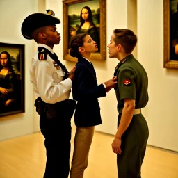 Mona Lisa comes out of the picture and kisses a young navy officer who is standing in the museum looking at her picture