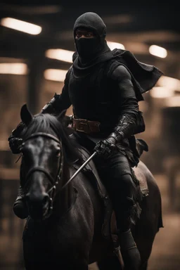 portrait of black ninja knight riding out from stable,shot on Hasselblad h6d-400c, zeiss prime lens, bokeh like f/0.8, tilt-shift lens 8k, high detail, smooth render, down-light, unreal engine, prize winning