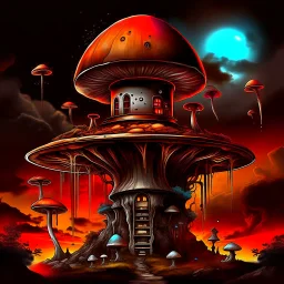 A fantabulous black, orange, and cyan (((mushroom tower house))) erected atop a (geologic pillar), surrounded by the uncanny imaginative ((( swirling skies))), offset by the stark hues of a (neon-tinged nebulous space scape), within. captured by the hand a skilled master painter with a focus on (softly blurred compositions and voluminous lighting).