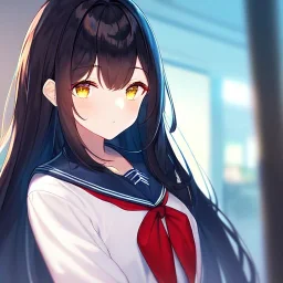 Clear focus,High resolution, Vibrant Red long straight hair, and yellow eyes, wearing a Sailor uniform