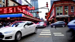 A Tesla's 'Model S Plaid' is racing at top speed, across the 'Pike Place Market', in Seattle. CINEMATIC. WIDE ANGLE LENS. PHOTO REAL.
