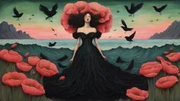 Impasto painting style.engraving, A giant flower wrapped around her body, seaweed bloomed and curled among the poppies. Her dress was deep black. A flock of black birds gathered above her head. The dawn sky was pink in color, golden green in the depths of the sea