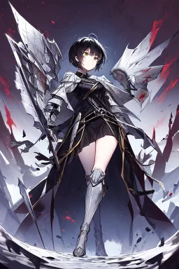 Anime girl with short black hair and sharp green eyes holding a spear, full body black and white metal plate armour, full body shot, Dramatic lighting,1woman, soaked in blood, Warrior, standing pose