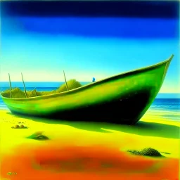 A man, beach, a green and blue boat, some pieces of wood, summer, creepy, odd, Yves Tanguy, surreal