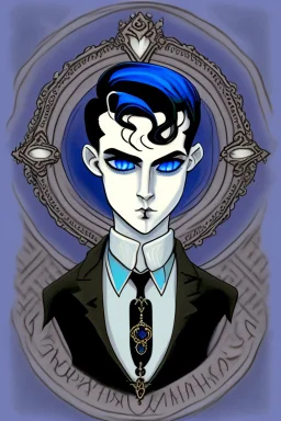 black haired blue eyed young man necromancer with gothic jewelry in the style of charles addams