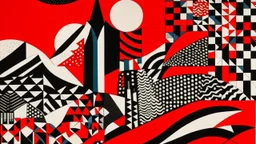 A geometric and abstract illustration by Malevich and Kuniyoshi of a red, black and white night desert landscape.