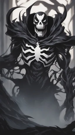 A close horror picture to Mix between Skeleton and venom symbiote and venom smile in solo leveling shadow art style