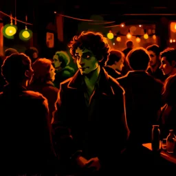 a single figure in a crowded bar at night, young people, dark colors, rembrandt style