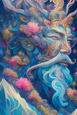 Sarruma, god of the mountains, in the styles of Chiamonwu Joy, and Flora Bowley, powerful, highly artistic, cohesive, stunning composition, deep Hyperfocal depth, f90, Hyper realistic, Hyper detailed, Post processing, Epic composition, lifelike, high pixel, exquisitely beautiful, flowing, ultra-high-definition 8k, Super crisp, lush colors, kandinsky.