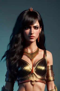 Amazon warrior, waist up portrait, 8k resolution, intricate details, ornate details, soft lighting, vibrant colors, retroanime, masterpiece, intricate eyeliner, dark eyeshadow, eyes, wild hair
