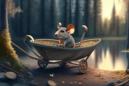 mouse in wheelbarrow, in forest by lake, book illustration, fine detail, 4k, trending, volumetric light