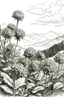 Flowers surrounded by mountains in the Mala Fatra, Slovakia, under Veľký Rozsutec mountain, sketch drawing