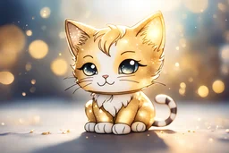thinking cute chibi cat in sunshine, watercolor and black ink outlines, sparkling golden glitter, ethereal, cinematic postprocessing, bokeh, dof