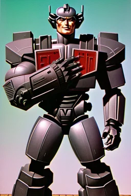 Fotoretrato de un transformer de 1980, debe ser algo decadente. Vibrante en colores, solo su cara es un retrato. Megatron.