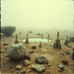 A striking quality close-up polaroid photograph captures a surreal wasteland with odd stones, pond, odd spindle-shaped objects, spooky, obsessive, paranoid, intricate, creepy, details of the dust very accentuated, glossy, organic, adorned with minerals and rocks, fog. Bathed in feeble light, eerie, black sun, fog, volumetric light, octane render, graphic