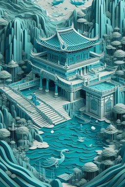 A cyan gorge with a Japanese temple and music notes designed in ancient Roman mosaics painted by MC Escher
