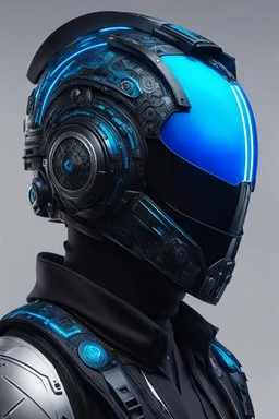 Someone wears a black glass Cyberpunk helmet , full helmet cover , Changshan, black and blue color, cyberpunk drawing style, neon, full body, intricate details, highly detailed, high details, detailed portrait, masterpiece,ultra detailed, ultra quality