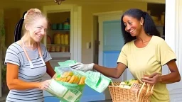 strung out 25 year old woman receiving cash for her groceries to lady at house