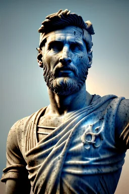 Ultra Realistic image, roman sculpture, Calacatta marble material, Lionel Messi, gold Laurel wreath, Renaissance style, miguel angel David style, chisel style, emperor, waist up portrait, epic, celestial, cinematic lighting, God light, god rays, 4k resolution, smooth details, ornate details, vibrant color, unreal engine 5, blue background.