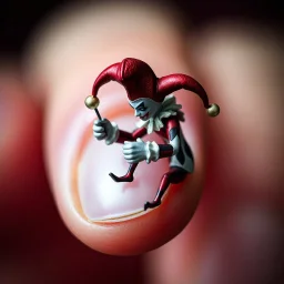 macro photography, a close up of a finger with a tiny Harlequin jester clutching the tip of the finger, surreal, HD high shutter speed photography
