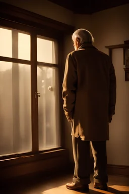 long shot of a full body of an old sad man, with gray hair wearing a brown jacket, his back turned to the camera, standing by a window in his room. The room is illuminated by gentle sunlight filtering through the window, creating a warm and nostalgic ambiance.