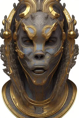 black male African Egyptian alien, cracks in the voodoo head, wicked, eyes, crown, Elephant, 8k, finely detailed, photo realistic, tiger turquoise skull head gold dragon space alien snow skeleton gold teeth silver crown silver space face mask