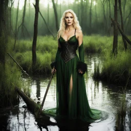 Amanda Harrington as a medieval attractive witch in the swamp, in her agent provocateur light dress