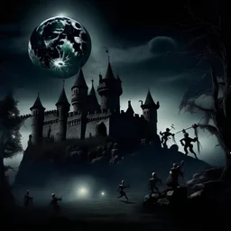 Calaveras bailando frente a un castillo, noche oscura, luna llena, ambiente tenebroso