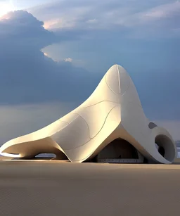 exterior large exhibition bulding and its shape like a sand by zaha hadid and its has many shapes and covered by sand material and