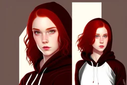 A sassy beautiful young woman with dark brown eyes and shoulder length red hair wearing a black hoodie. Realistic.