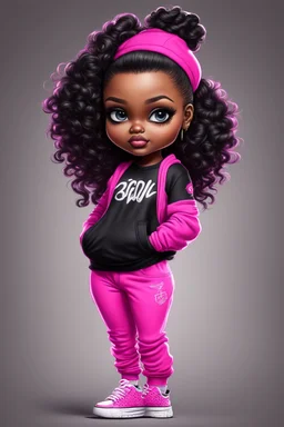 Create an airbrush image of a curvy chibi cartoon black female wearing a hot pink jogger set and black sneakers. Prominent make up with hazel eyes. Extremely highly detailed of messing curly bun