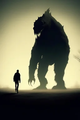 a distressing image of a person walking with a monstrous creature in their shadow