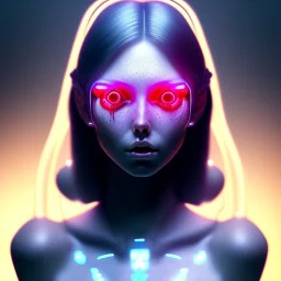 Demon girl, lumen lighting, led lights, <hanging wires> many wires connected to the head<perfect pupil> <cyborg> <garage> <sci-fi futuristic>